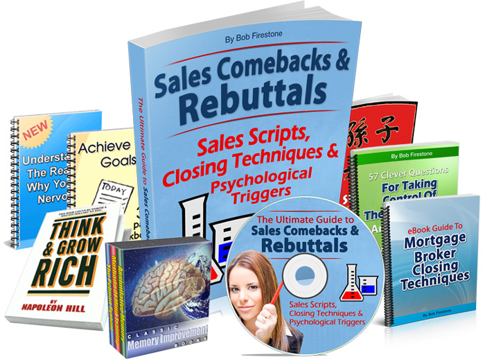 The Complete Package: Sales scripts, sales rebuttals, closing techniques, mp3 audio training, + 7 bonus items.